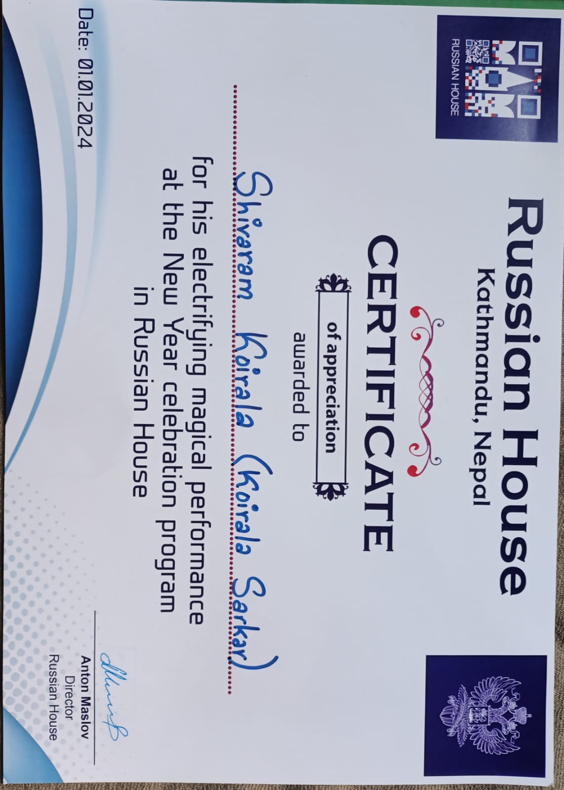 Russian House Kathmandu certificate of appreciation